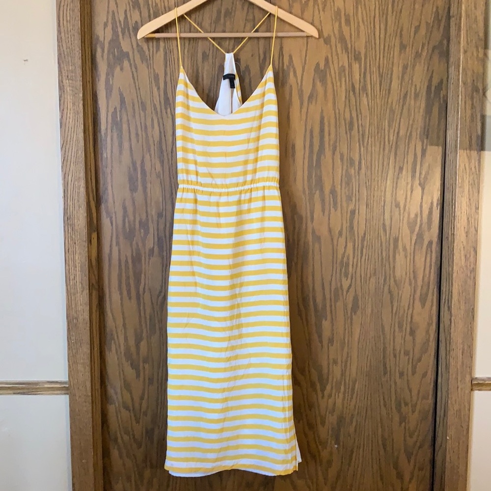 J crew yellow/white stripe halter silk midi dress